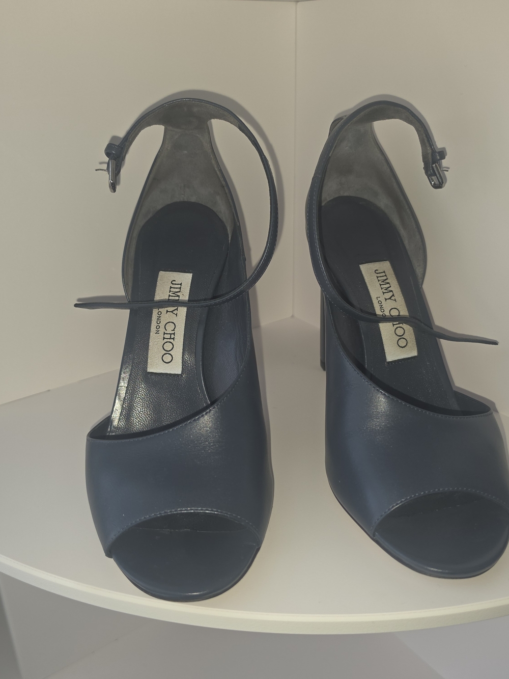 Jimmy Choo Theresa 100 Navy Leather Open-Toe Ankle Strap Heels